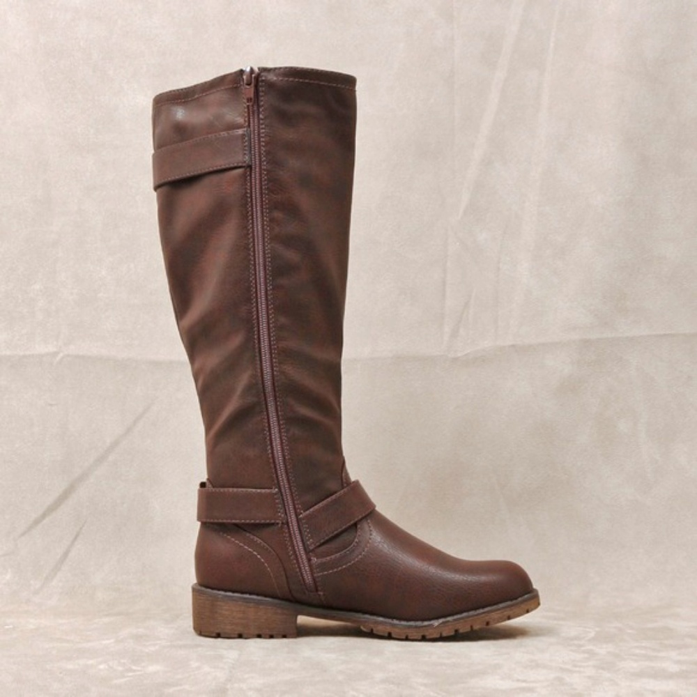 Brown Faux Leather Knee High Moto Boot Angelica01 - Picture 2 of 3